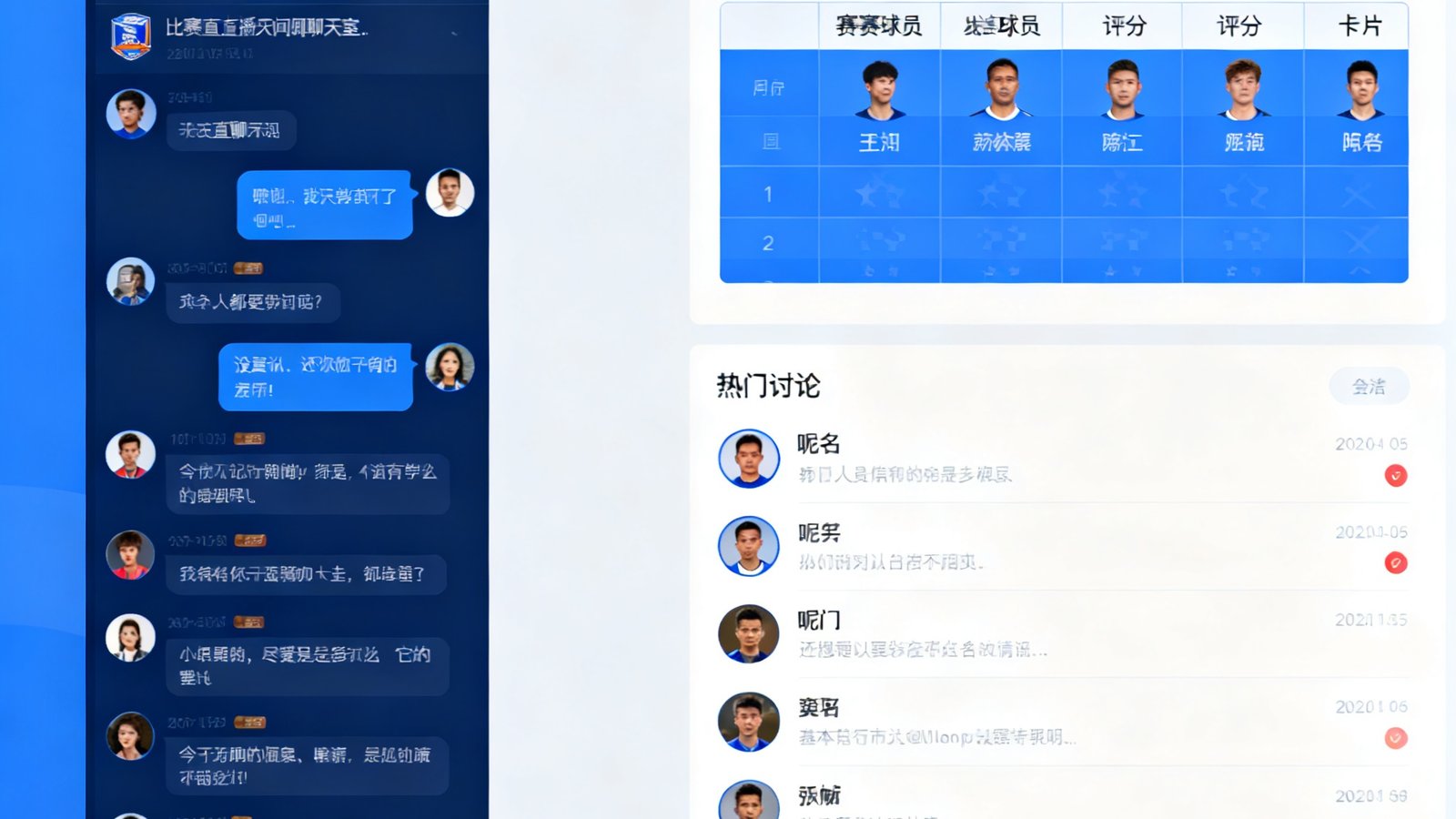 球迷社区界面展示，左侧为比赛直播间聊天室滚动消息，右侧为赛后球员评分卡片和热门讨论帖子列表，用户头像和昵称清晰可见